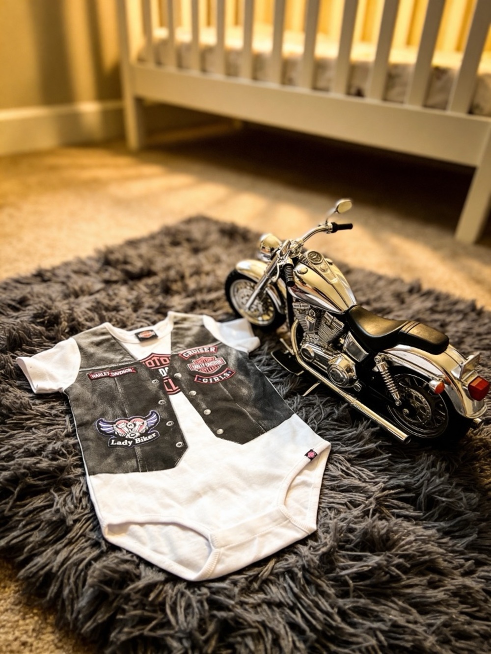 Harley-Davidson White and Black 'Lady Biker' Baby One-Piece Bodysuit
